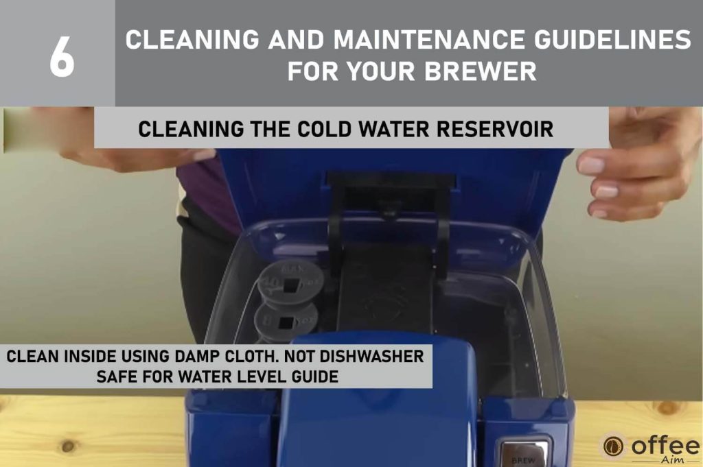 This image illustrates the process of 'Cleaning the Cold Water Reservoir' as part of the comprehensive 'Cleaning and Maintenance Guidelines for Your Brewer' section in the article 'How To Use Keurig B-31'.