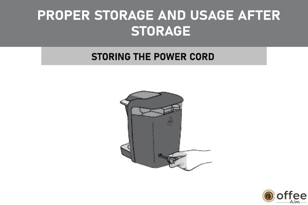 The provided image illustrates the proper method for storing the power cord as part of the "Storing the Power Cord" section within the comprehensive "Cleaning and Maintenance Guidelines for Your Brewer" featured in the article "How To Use Keurig B-31