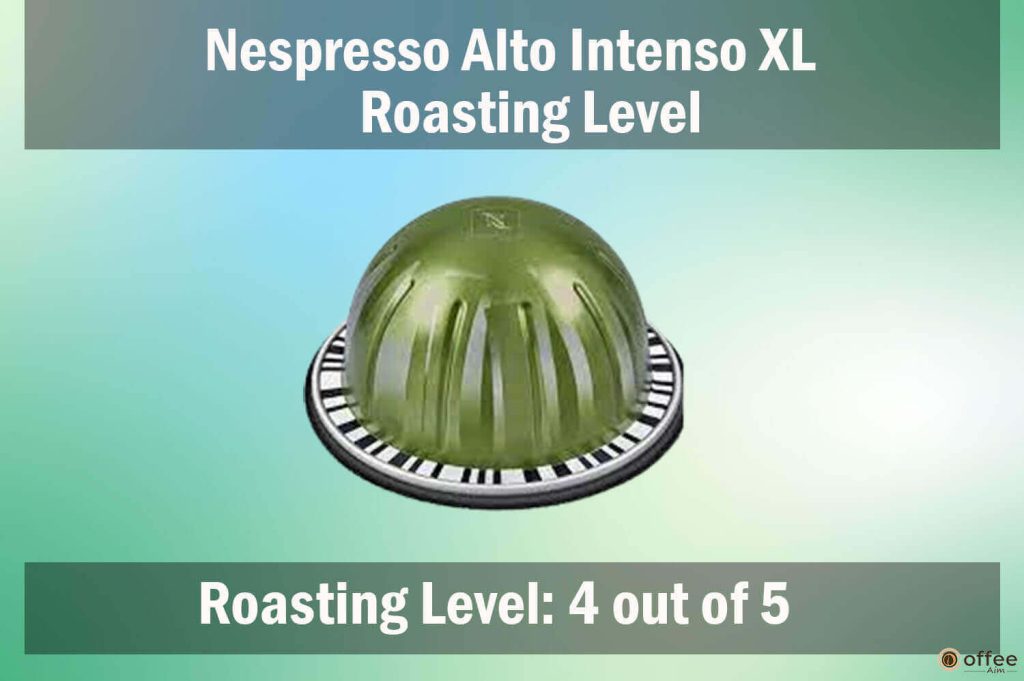 The image illustrates the "Roasting Level" of the Nespresso Alto Intenso XL Vertuo capsule for the "Nespresso Alto Intenso XL Review" article.