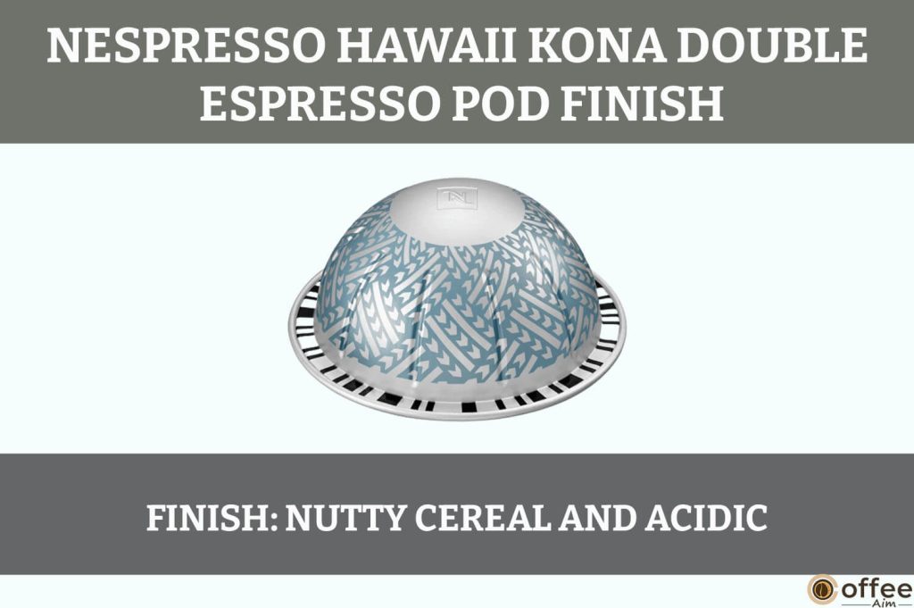 The image illustrates the "Finish" of the Hawaii Kona Nespresso Double Espresso VertuoLine Pod, providing a visual overview for the "Hawaii Kona Nespresso Double Espresso Pod Review" article.