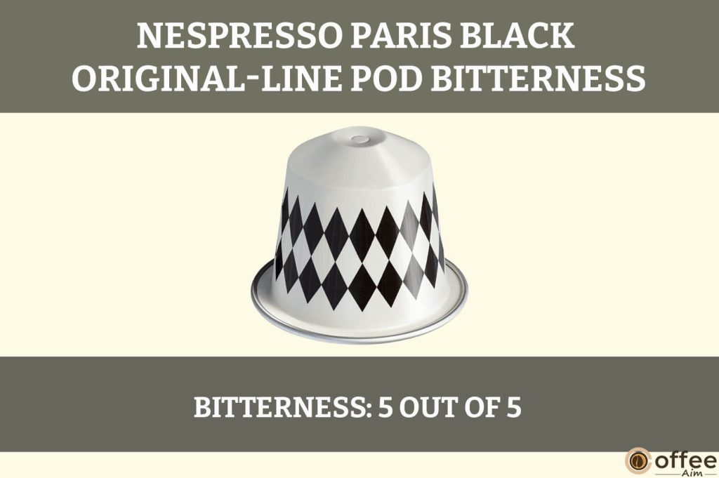 The image illustrates the "Bitterness" of the Paris Black Nespresso Original-Line Pod, enhancing the review's sensory analysis.