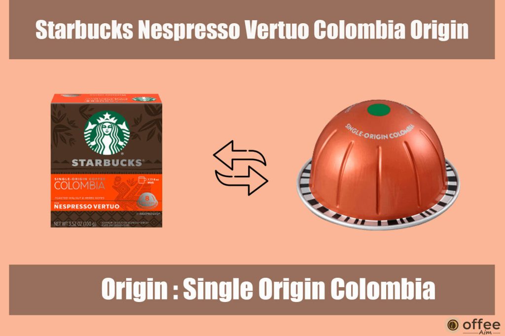 The depicted image elucidates the origin and provenance of the "Starbucks By Nespresso Vertuo Colombia Pod," as meticulously detailed within the article titled "Starbucks By Nespresso Vertuo Colombia Pod Review."