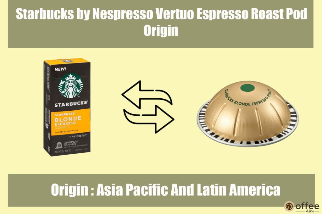 
The accompanying image vividly portrays the provenance or source of origin for the "Starbucks by Nespresso Vertuo Espresso Roast Pod," as featured in the article entitled "Starbucks by Nespresso Vertuo Espresso Roast Pod Review."
