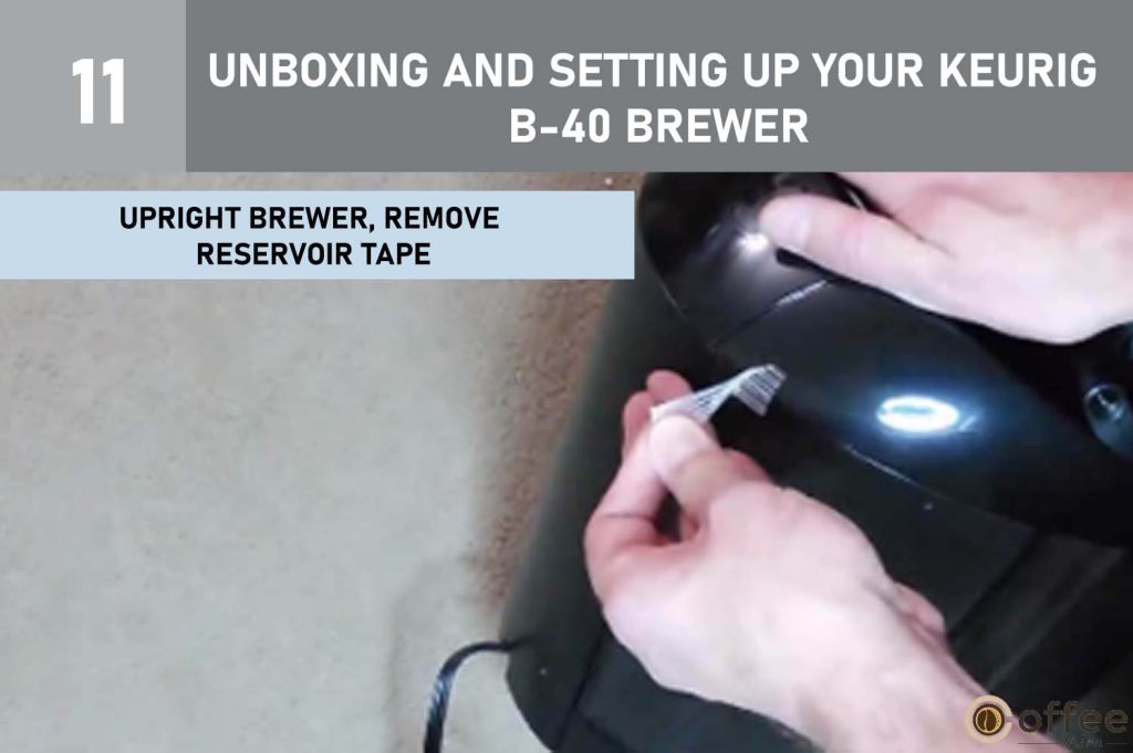 In the context of the article titled "Unboxing and Setting Up Your Keurig B-40 Brewer," this image illustrates a crucial step: "Upright Brewer, Remove Reservoir Tape." This visual representation guides users through the initial setup process of the Keurig B-40 Brewer, ensuring that the brewer is positioned upright and the protective tape on the reservoir is carefully removed. This step-by-step instruction is an integral part of comprehensively explaining "How to Use Keurig B-40