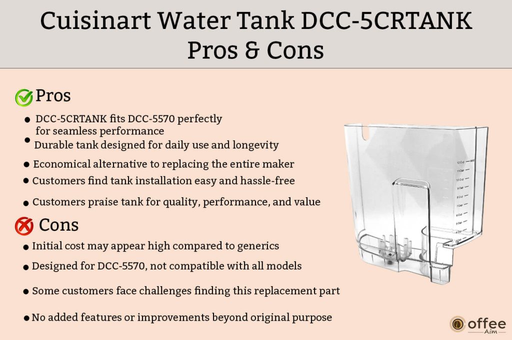 This image succinctly outlines the advantages and drawbacks of the Cuisinart DCC-5CRTANK water tank, providing valuable insights for our comprehensive review article.