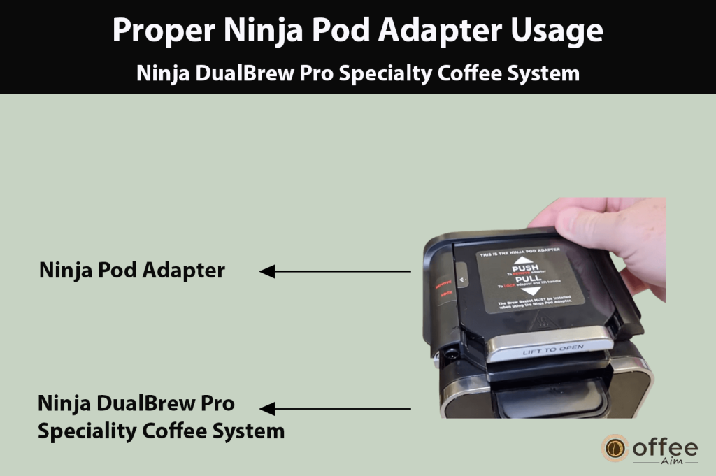 "This image demonstrates the insertion of the Ninja Pod Adapter for the Ninja DualBrew Pro Specialty Coffee System, as explained in the article 'How to Use Ninja DualBrew Pro Specialty Coffee System, Compatible with K-Cup Pods, and 12-Cup Drip Coffee Maker'."