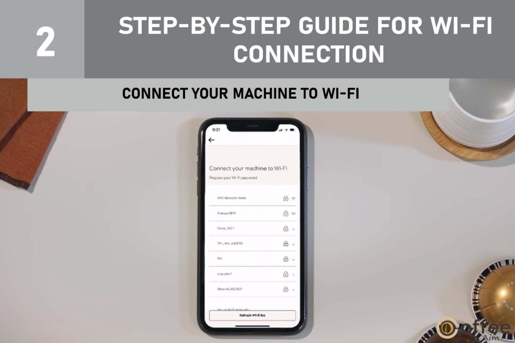 This image demonstrates the process of connecting your machine to Wi-Fi, part of the steps for accessing the Wi-Fi menu and entering the Wi-Fi credentials in our article titled "How to Connect Nespresso Vertuo Creatista to Wi-Fi and Bluetooth?"
