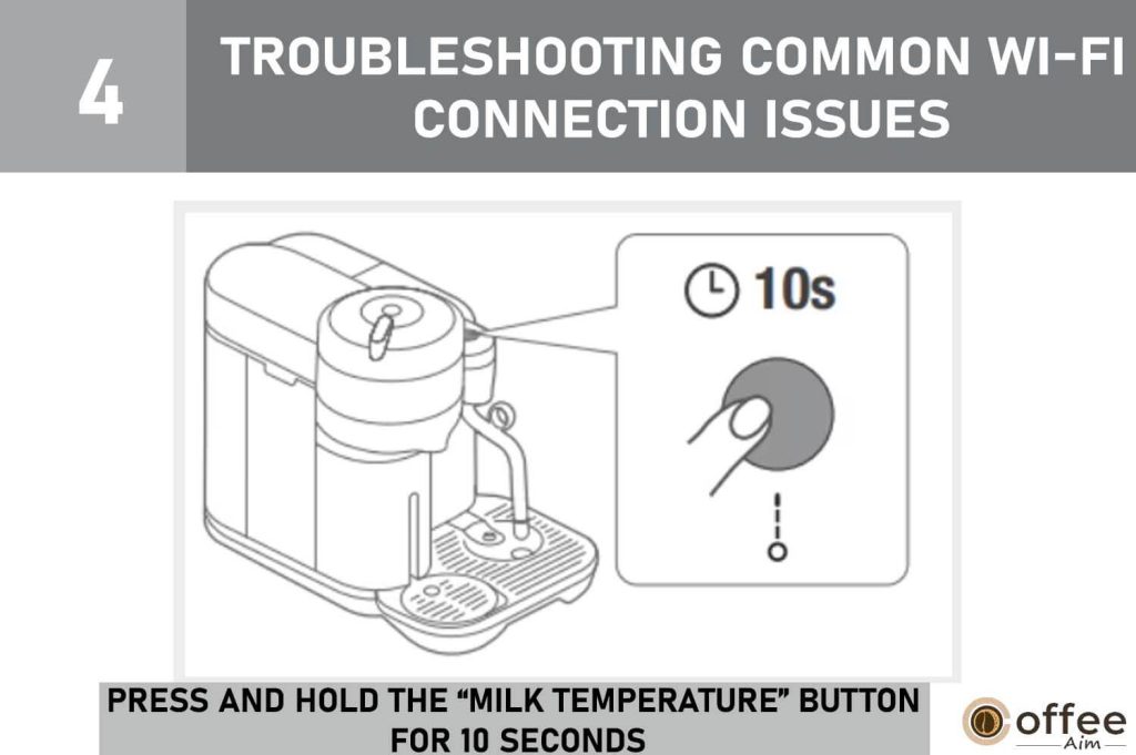 This image demonstrates the process of "Press and hold the 'Milk Temperature' button for 10 seconds" as part of troubleshooting common Wi-Fi connection issues in the guide "How to Connect Nespresso Vertuo Creatista to Wi-Fi."