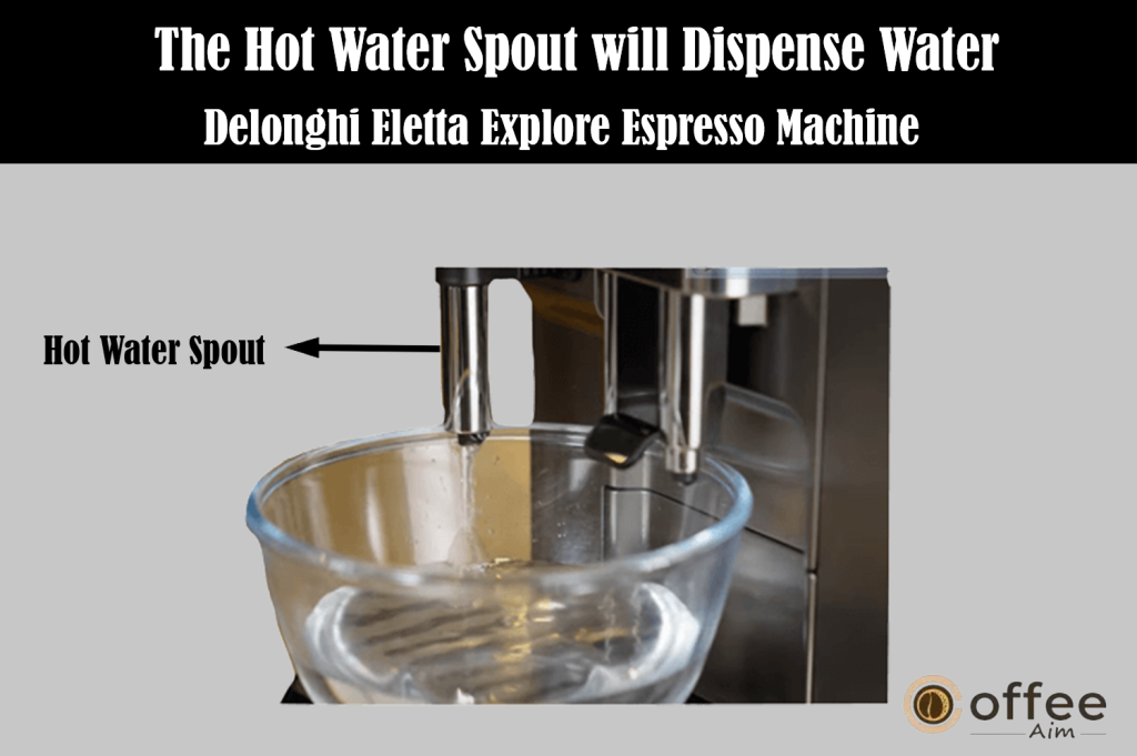 The image guides you to place a container with at least a 200 ml capacity under the coffee and hot water spouts of the De'Longhi Eletta Explore Espresso Machine, as detailed in the article 'How to Use the De'Longhi Eletta Explore Espresso Machine'."