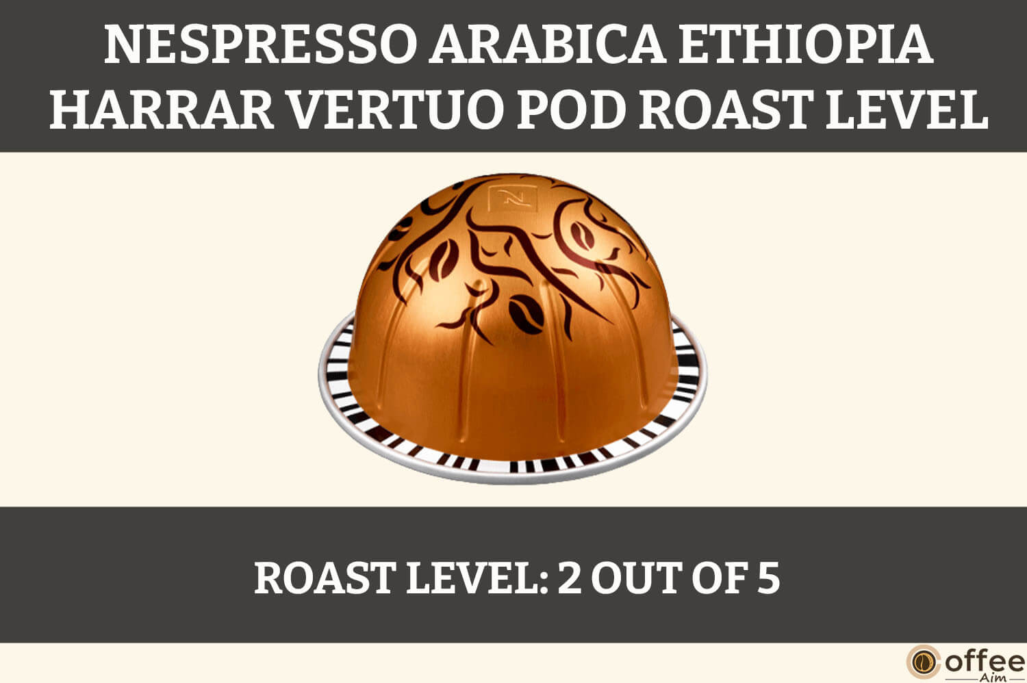 This image illustrates the roast level of the Nespresso Arabica Ethiopia Harrar Vertuo Pod, as featured in the article 'Nespresso Arabica Ethiopia Harrar Vertuo Pod Review.